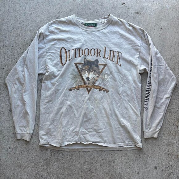 Vintage Outdoors Life Timber Wolf Longsleeve Tan Tee Shirt - Picture 1 of 6